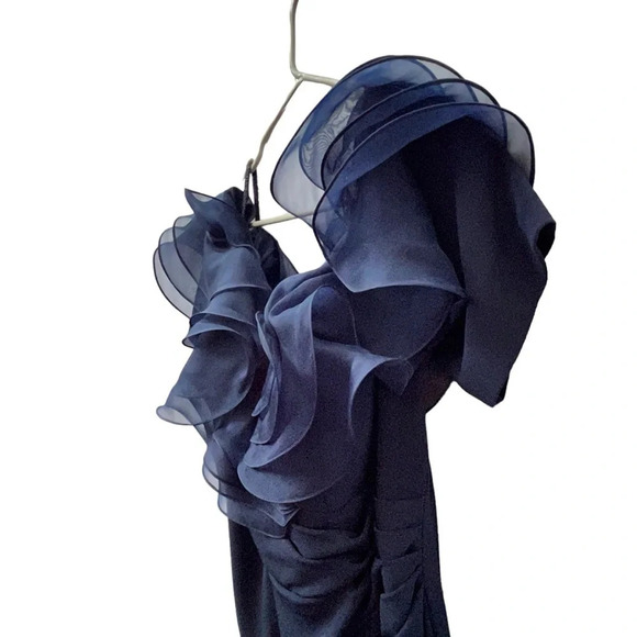 Alexander by Daymor Navy Blue Ruffled Off The Shoulder Sheath Dress 1257 Size 16 - Picture 5 of 16